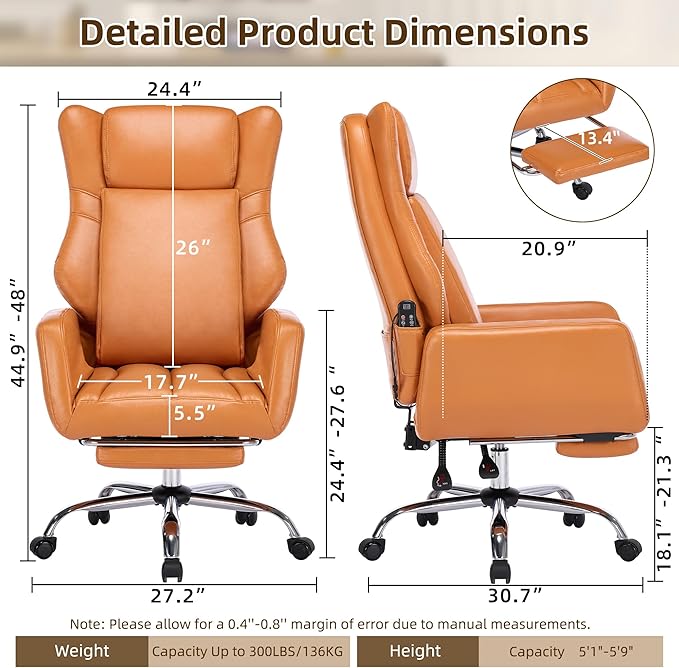 DYHOME Orange Leather Office Chair with Massage and Footrest, Heavy Duty Task Desk Chairs, Swivel Ergonomic Computer Gaming Chairs with Lumbar Support, Wheels Flip-up Arms Adjustable Height