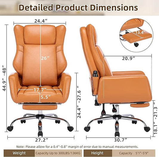 DYHOME Orange Leather Office Chair with Massage and Footrest, Heavy Duty Task Desk Chairs, Swivel Ergonomic Computer Gaming Chairs with Lumbar Support, Wheels Flip-up Arms Adjustable Height
