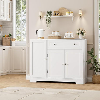 HOSTACK Buffet Cabinet with Storage, Modern Sideboard Buffet with Doors, Wood Coffee Bar Kitchen Storage Cabinet with Drawer and Adjustable Shelf for Kitchen, Dining Room, Living Room, White