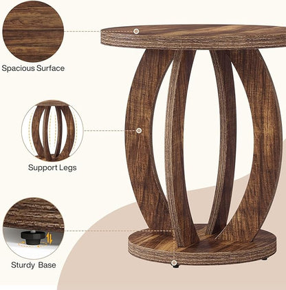 Tribesigns End Table, Round Side Table with Storage, Farmhouse Nightstand Bedside with Round Tabletop, Accent End Table for Living Room Bedroom Small Space, Wooden Accent Furniture (2, Dark Brown)