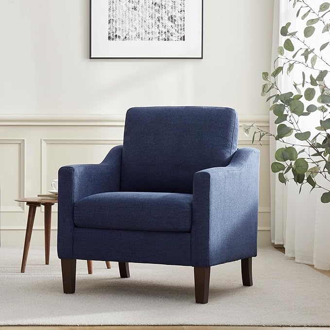 VKNOW Mid Century Modern Accent Chair, Upholstered Living Room Chairs Armchair for Bedroom, Comfy Reading Accent Chairs with Wood Legs for Living Room, Navy Blue