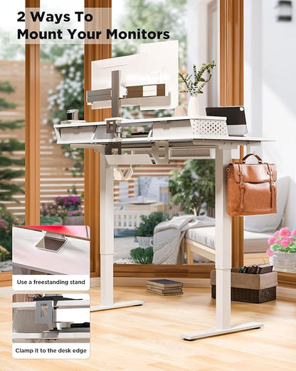 FiCiHi Adjustable Height Standing Desk with 4 Drawers,48 x 24 inches Electric Sit Stand Home Office Desk with Two Tiers, 3 Memory Presets, Monitor Stand Riser