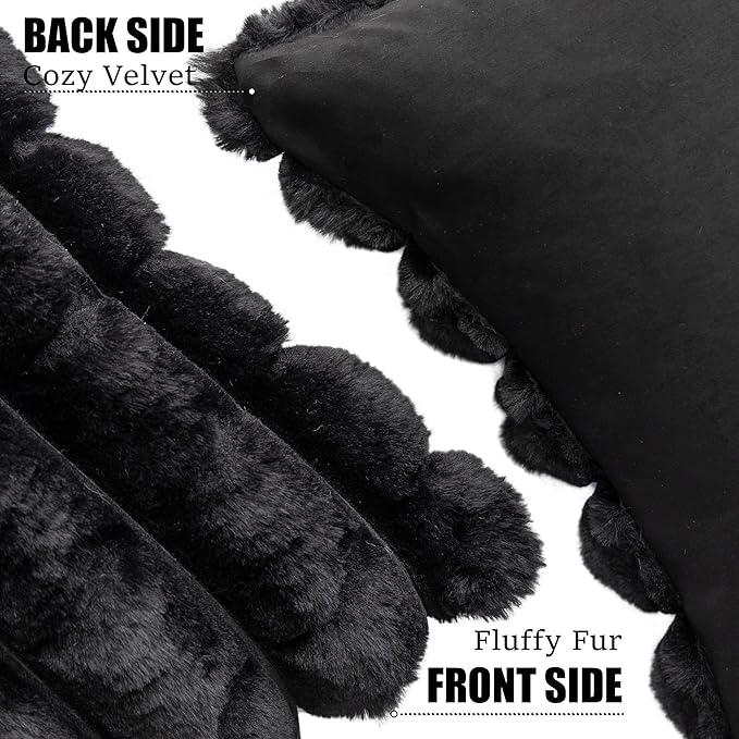 Neelvin Black Faux Fur Cozy Soft Plaid Decorative Throw Pillow Covers 22x22 inch Set of 2,Velvet Pillowcase Cushion Case for Sofa Couch