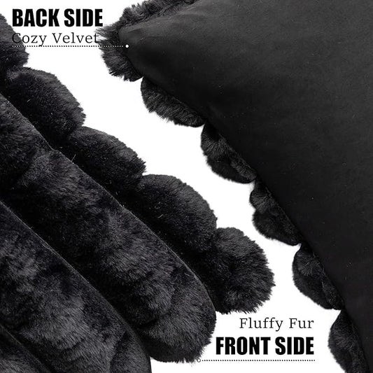 Neelvin Black Faux Fur Cozy Soft Plaid Decorative Throw Pillow Covers 12x20 inch Set of 2,Velvet Pillowcase Cushion Case for Sofa Couch