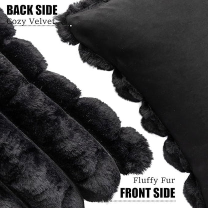 Neelvin Black Faux Fur Cozy Soft Plaid Decorative Throw Pillow Covers 20x20 inch Set of 2,Velvet Pillowcase Cushion Case for Sofa Couch
