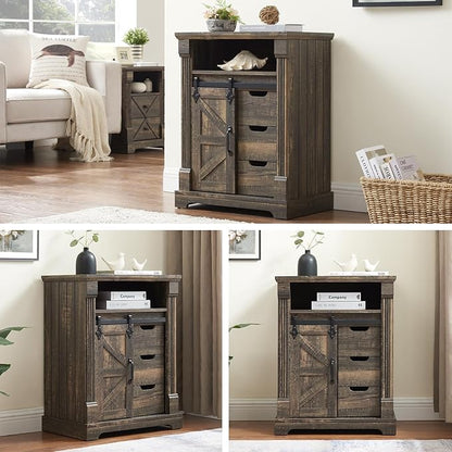 Bathroom Floor Cabinet, Farmhouse Storage Cabinet with Sliding Barn Door, Small Storage Cabinet with Drawer for Bathroom, Kitchen, Living Room, Rustic Style Cabinet (Dark Rustic Oak)