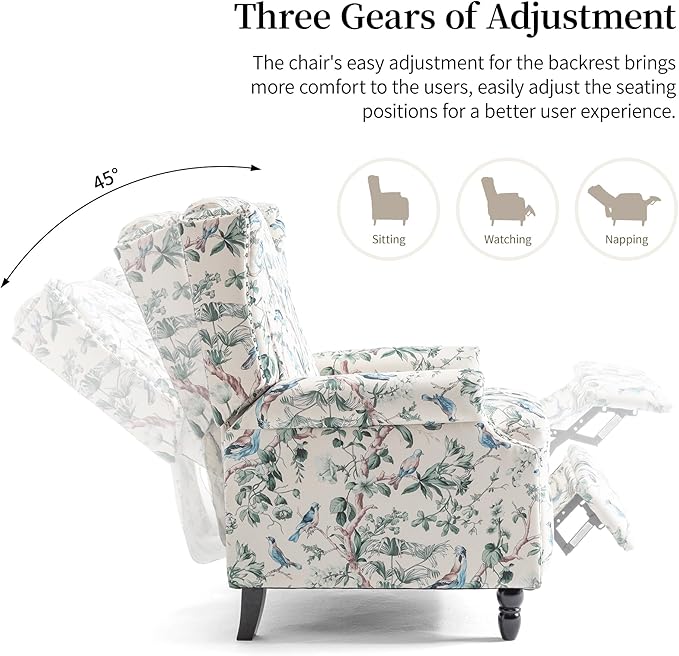 Pushback Recliner Chair Set of 2, Floral Fabric Wingback Recliner Chair, Upholstered Armchair Push Back Recliner, Rivet Trim Single Sofa Accent Chair with Wood Legs for Living Room, Bird