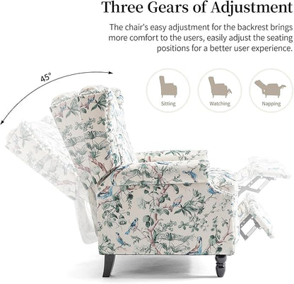 Pushback Recliner Chair Set of 2, Floral Fabric Wingback Recliner Chair, Upholstered Armchair Push Back Recliner, Rivet Trim Single Sofa Accent Chair with Wood Legs for Living Room, Bird