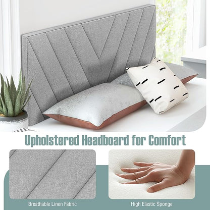 Giantex Linen Upholstered Headboard for Full & Queen Size Bed Frame, Adjustable Width Button Tufted Headboard Only with Solid Rubber Wood Legs, Modern Headboard,Grey