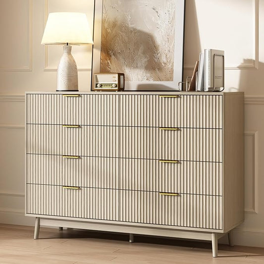CARPETNAL Fluted 8 Drawer Dresser for Bedroom, 55" Wide Wooden Chest of Drawers with Rounded Corners, Gold Handles, Modern Storage Organizer for Bedroom, Hallway(Beige)
