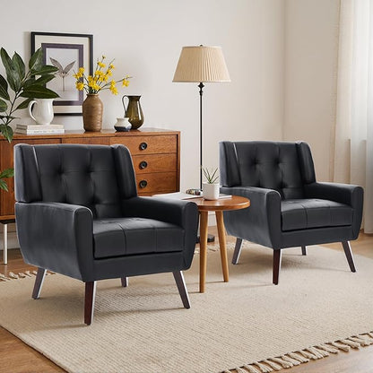 Faux Leather Accent Chair, Mid-Century Modern Upholstered Armchair, Comfy Living Room Chairs Reading Chairs with Button Tufted Back & Solid Wood Legs for Bedroom, Office, Black