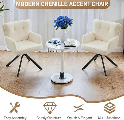 Fabric Dining Chair Modern Upholstered Swivel Dining Room Chairs Comfy Accent Armchair with Mid Back, Desk Arm Chair No Wheels for Kitchen/Living Room/Dining Room, White