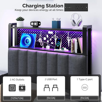 VINGLI Twin or Twin XL Size Headboard, Adjustable Upholstered Headboard with 2 Tier Shelves and Pegboard with Charging Stations and LED Lights, Modern Bed Headboard with Storage for Bedroom Decor