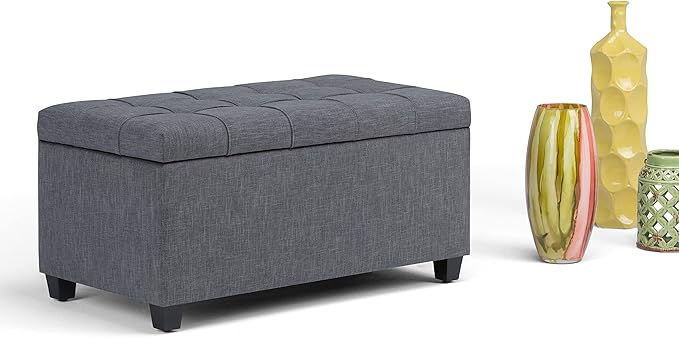 SIMPLIHOME Sienna Storage Ottoman Bench - 33 inch Wide Upholstered Linen Look Fabric Rectangle Storage Ottoman Bench in Dove Grey, Transitional Tufted Ottoman for Living Room or Entryway with Lift Top