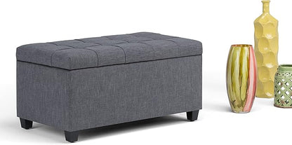 SIMPLIHOME Sienna Storage Ottoman Bench - 33 inch Wide Upholstered Linen Look Fabric Rectangle Storage Ottoman Bench in Dove Grey, Transitional Tufted Ottoman for Living Room or Entryway with Lift Top