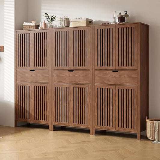 Set of 3 Rustic Brown 69" Tall Farmhouse Storage Cabinet with Drawer & Adjustable Shelves, Grille Door Organizer Unit, Anti-Tip Design for Bathroom,Kitchen,Living Room