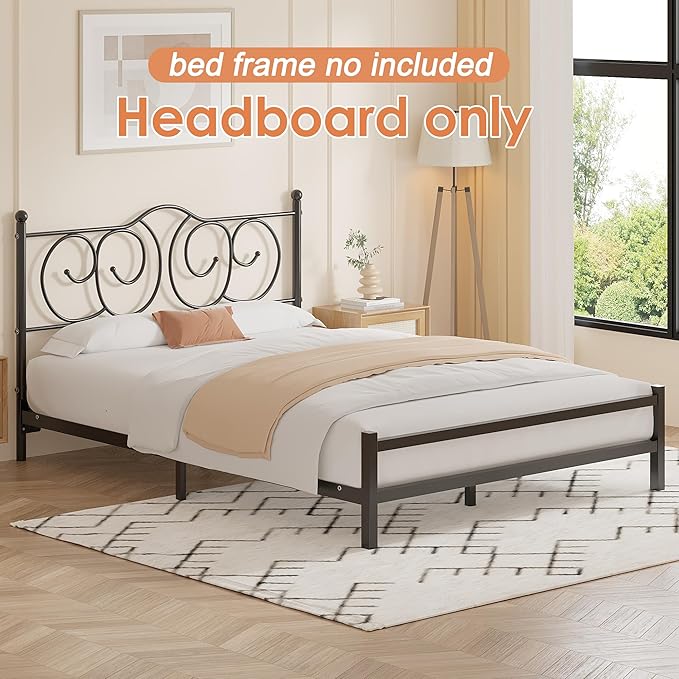 VECELO Metal Queen Size Headboard, Heavy Duty Curved Headboard Only Height Adjustable, Easy to Assembly, Farmhouse Victorian Style for Bedroom - Black, Queen