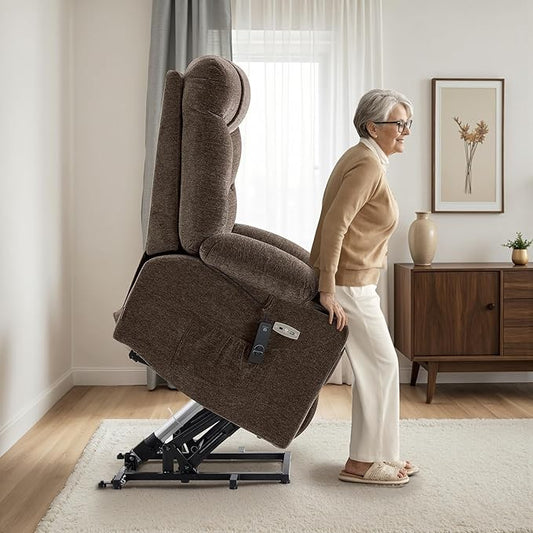MCombo Oversized Power Lift Recliner Chair with Extended Footrest for Elderly People, Fabric R7399 (Brown, Large-Oversize)