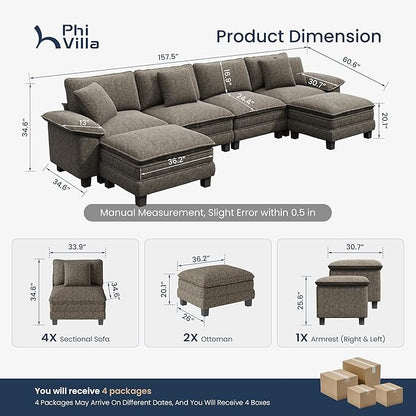 PHI VILLA Cloud Modular Couch Sets, 157.5" Sectional Sofa with U-Shaped Chaise, 6-Seater Couches with Movable Ottomans for Living Room, Chenille Fabric, Smoky Grey