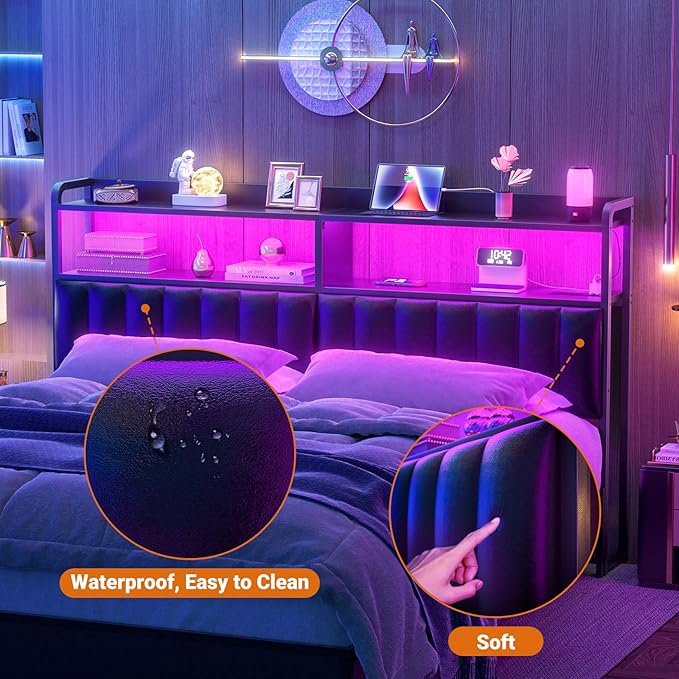 Aheaplus Headboard for Queen Size Bed Frame, Upholstered Headboards with Outlets, USB Ports and LED Light, Leather Head Board with Storage, Height Adjustable, Comfortable Headboard, Queen Size, Black