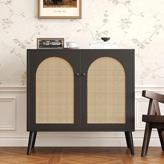 Rattan Storage Cabinet, 2-Door Buffet Cabinet with Storage in Black, Adjustable Shelf, Elegant Rattan Door Sideboards for Stylish Home Organization 31.5" Black Set 2