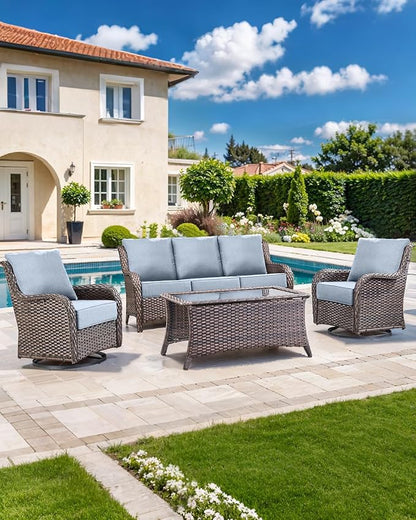 Luxury 22x24/22x25 6-Inch Patio Chair Cushions Set of 3 - Memory Foam Deep Seat Water-Resistant Patio Cushion for Dining Rocking Swivel Chairs Loveseat 3-Seater Sectional Sofa - Baby Blue