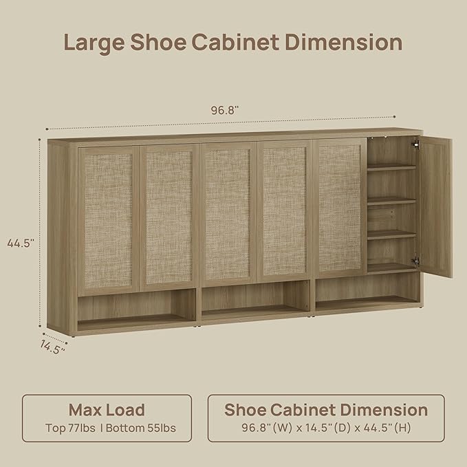 SICOTAS Rattan Shoe Storage Cabinet - Modular Shoe Cabinets with Door Tall Large Shoe Cabinet Storage for Entryway - 96.8" Wide Modular Cabinet for Hallway, Living Room