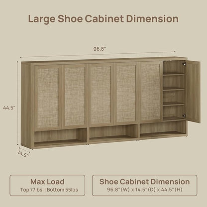 SICOTAS Rattan Shoe Storage Cabinet - Modular Shoe Cabinets with Door Tall Large Shoe Cabinet Storage for Entryway - 96.8" Wide Modular Cabinet for Hallway, Living Room