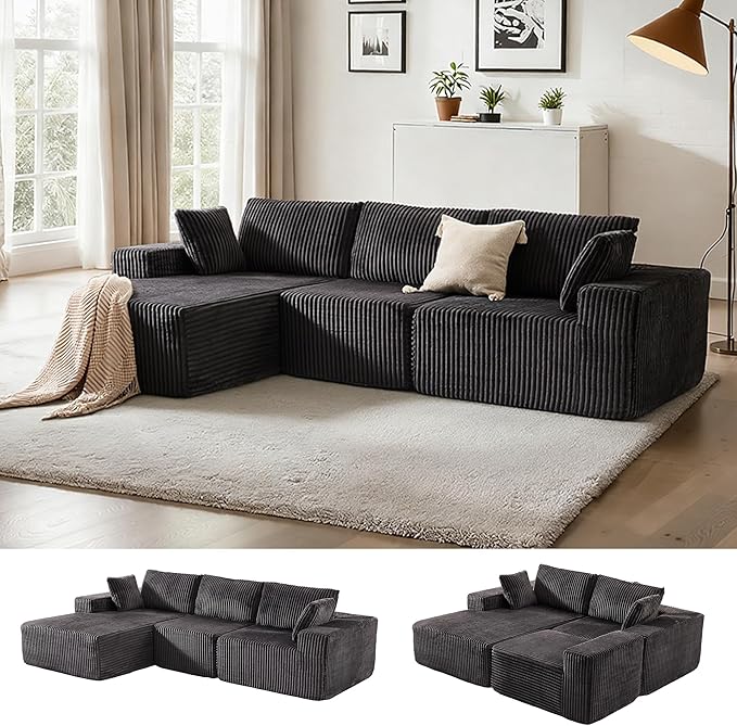 Apicizon 113" Sectional Sofa Couch for Living Room, 3 Seat Boneless Sofa with Chaise Longue, L-Shape Modular Sectional Couches with Deep Seat for Apartment，No Assembly Required (Stripe Corduroy Gray)