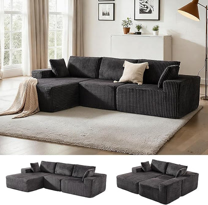 Apicizon 113" Sectional Sofa Couch for Living Room, 3 Seat Boneless Sofa with Chaise Longue, L-Shape Modular Sectional Couches with Deep Seat for Apartment，No Assembly Required (Stripe Corduroy Gray)
