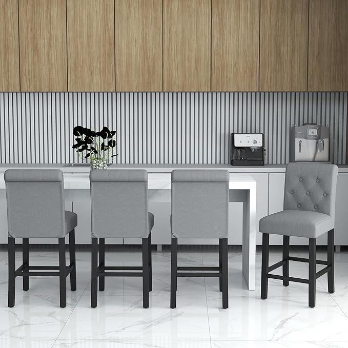 GOTMINSI 24inch Counter Height Bar Stool, Set of 4 Counter Height Chairs for Kitchen Island Upholstered Back Bar Chairs Fabric Barstool with Button Tufted Decoration Leisure Style (Grey)