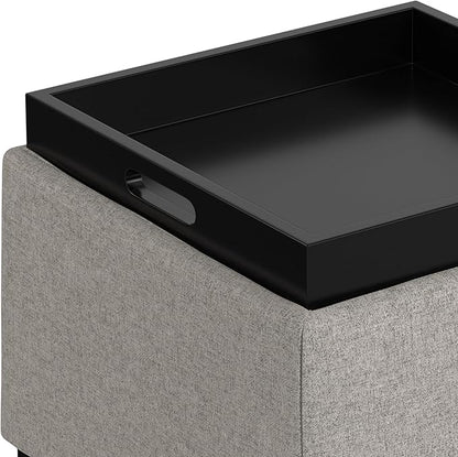 SIMPLIHOME Natasha 18 inch Wide Mid Century Square Mid Century Storage Ottoman with Tray in Cloud Grey Polyester Linen, Assembled, For the Living Room, Entryway and Family Room