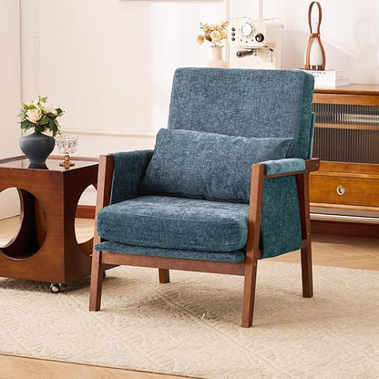 Accent Chair Mid-Century Modern with Lumbar Support Pillow, Upholstered Living Room Chairs with Wooden, Chenille Armchair with Cushion, Anthropologie Side Chair for Bedroom, Navy