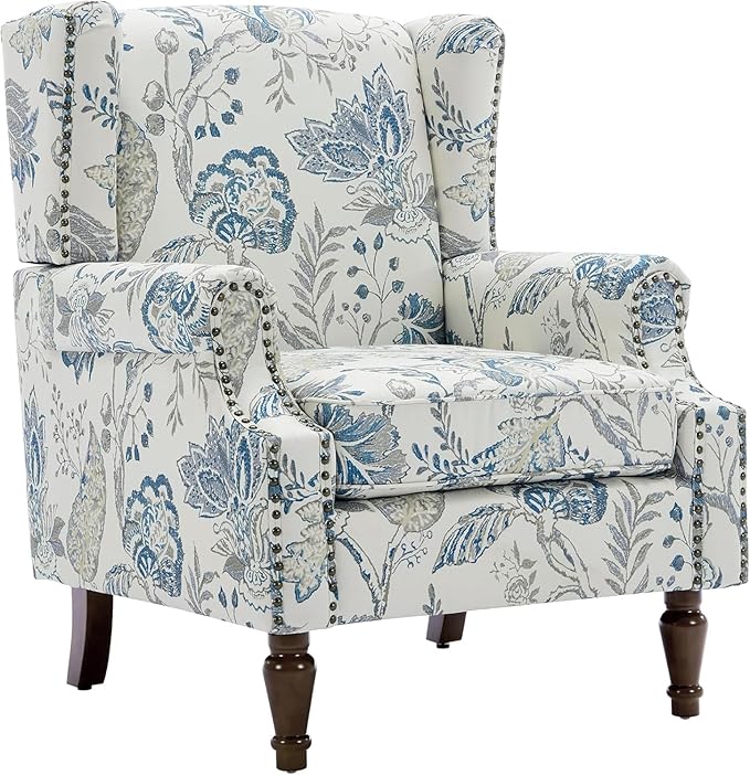 UIXE High Back Floral Accent Chair, Fabric Upholstered Armchair Wingback Chair for Living Room, Nailhead Trim Single Sofa Bedroom Side Reading Seat - Plants Blue