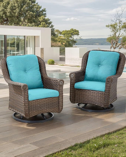 Patio Chairs Outdoor Swivel Glider - Set of 2 High Back Outside Brown Wicker Rattan Rocking Chair with Thick Cushion for Porch Apartment Deck Yard Poolside Garden - Turqoise