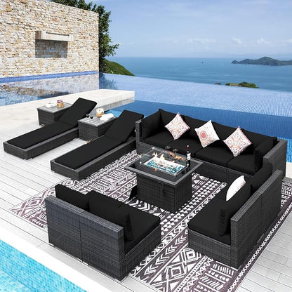 NICESOUL 13 Piece Outdoor Patio Furniture Set with Fire Pit, All-Weather Wicker Modular Outdoor Sectional with Chaise Lounge, Big Large 10-People Wide Deep Sitting Sofa for Backyard, Deck, Grey&Black