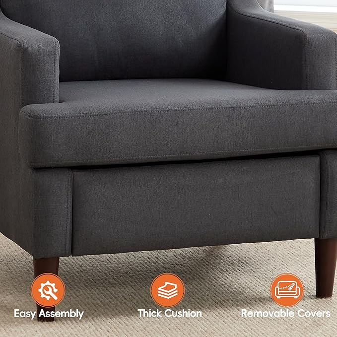 Mid-Century Accent Chair Modern Linen Fabric Armchair for Living Room,Comfy Upholstered Reading Chairs for Bedroom,Single Sofa Chair with Wood Legs (Darkgrey, Set of 2)