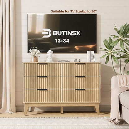Modern 6 Drawer Dresser, Natural Oak, Fluted Wave Design, Rounded Corners, Mid Century Dresser TV Stand, 48" Wide Chest of Drawers for Bedroom and Living Room