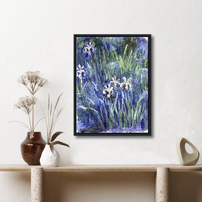 Wieco Art Framed Canvas Wall Art Irises by Claude Monet Oil Paintings Reproduction Landscape Pictures Artwork on Canvas Art Prints for Living Room Decorations and Wall Decor