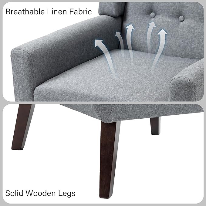 Accent Chair, Mid-Century Modern Fabric Chairs with Arms for Living Room, Comfy Upholstered Club Single Sofa Armchair for Bedroom Waiting Room with Solid Wood Frame (Fabric Grey, Set of 2)