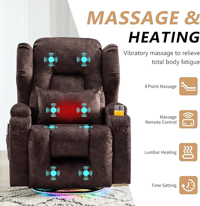 Power Swivel Rocker Recliner Chairs, Electric Wall Hugger Reclining Sofa with Massage & Heat, Comfy Theater Seating Single Sofa with LED Light/USB/Type-C Ports (Velvet Brown, Single Chair)