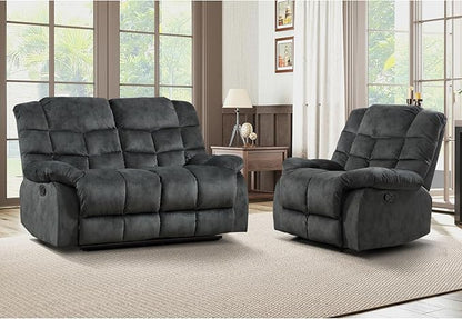 EBELLO Manual Recliner Couch Set, Soft Fabric Reclining Living Room Set, Included SinglAe Recliner Chair and Loveseat Sofa, Grey Green