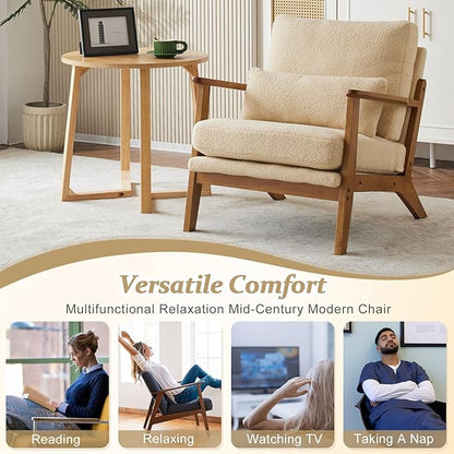 VINGLI Solid Wood Wide Armrests Accent Chair Set of 2,Upholstered Mid Century Modern Chair with Pillow,Farmhouse Arm Chair Comfy Reading Chair,Chairs Living Room,Bedroom,Guest Room,Teddy Fleece,Khaki