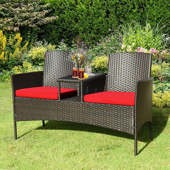 COSTWAY 2-Seat Patio Conversation Sets, Outdoor Patio Loveseat Set with Removable Cushions & Built-in Coffee Table for Backyard, Garden, Lawn, Balcony, Black+Red