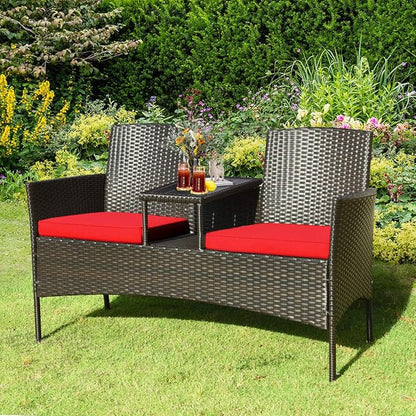 COSTWAY 2-Seat Patio Conversation Sets, Outdoor Patio Loveseat Set with Removable Cushions & Built-in Coffee Table for Backyard, Garden, Lawn, Balcony, Black+Red