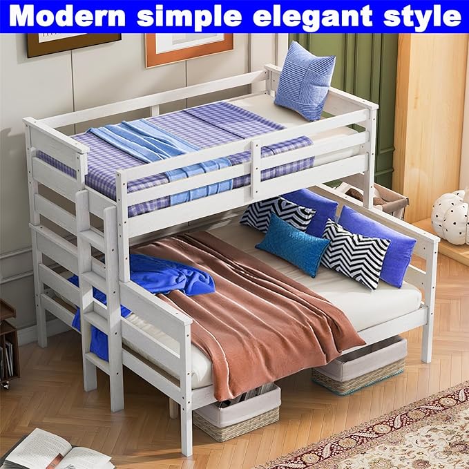Upgraded Version Thicken Solid Wood Twin XL Over Queen Bunk Bed, Stronger Queen Size Bunk Bed Frame, Convertible into 2 Beds for Adult, Easy to Assemble (White,Twin XL Over Queen)