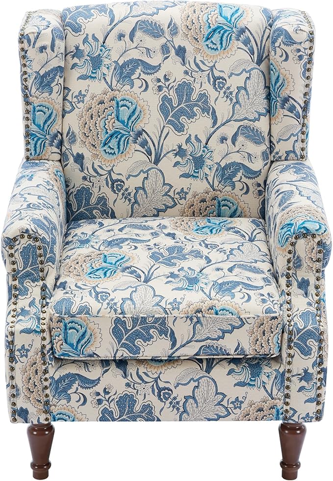 Pia Ricco High Back Floral Accent Chair - Retro Wingback Upholstered Armchair with Nailhead Trim, Solid Wood Legs, Fabric Living Room Bedroom Reading Chair (Flower Blue)