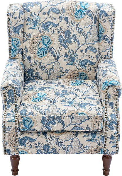 Pia Ricco High Back Floral Accent Chair - Retro Wingback Upholstered Armchair with Nailhead Trim, Solid Wood Legs, Fabric Living Room Bedroom Reading Chair (Flower Blue)