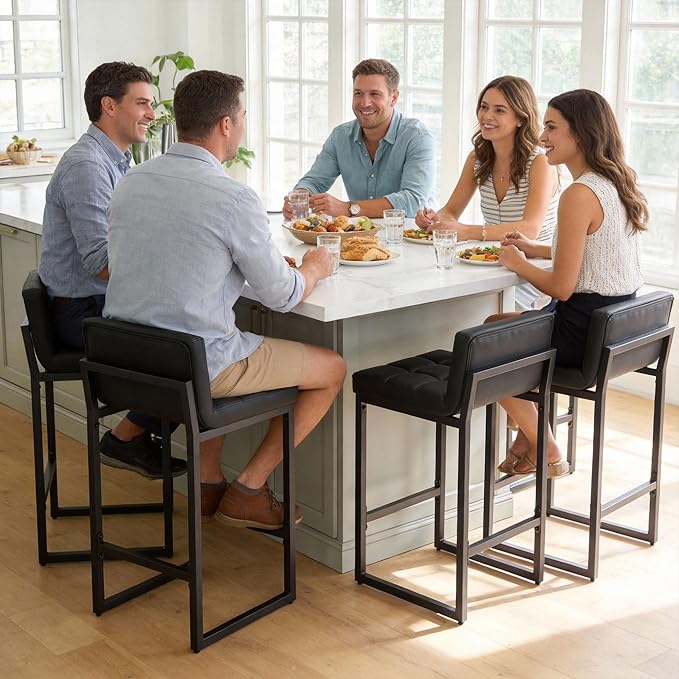 Bar Stools Set of 4, PU Leather Counter Height Barstools with Low Back and Thickened Metal Legs, 26 Inch Modern Island Chairs for Kitchen Island, Bar, Counter (Black, 4Pcs 26" Bar Stools)