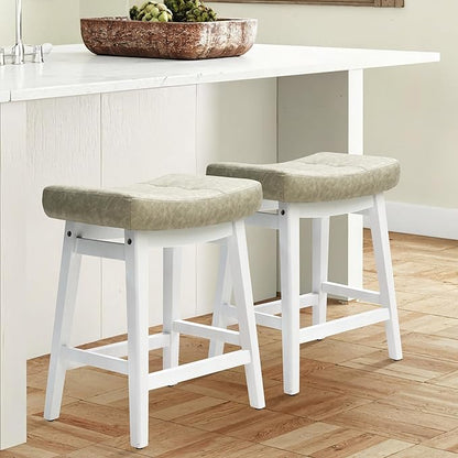 Counter Height Bar Stools Set of 2 for Kitchen Counter Farmhouse Modern Barstools with Faux Leather Upholstered Backless Seat and Solid Wood Legs 24 inch Bar Chairs, Light Grey + White
